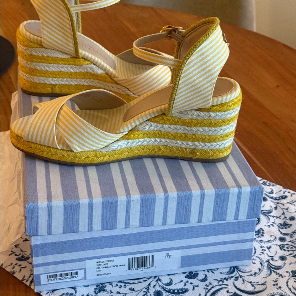 Stuart Weitzman Yellow and White Striped Wedge Espadrilles